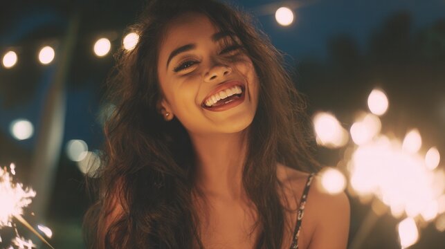 Charming Latina woman beaming with happiness holding sparklers during a beautiful night outdoor celebration