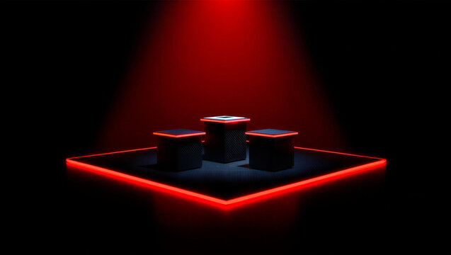 Futuristic Neon Podium with Carbon Fiber Blocks and Red Glowing Edges – Dark Tech Product Display