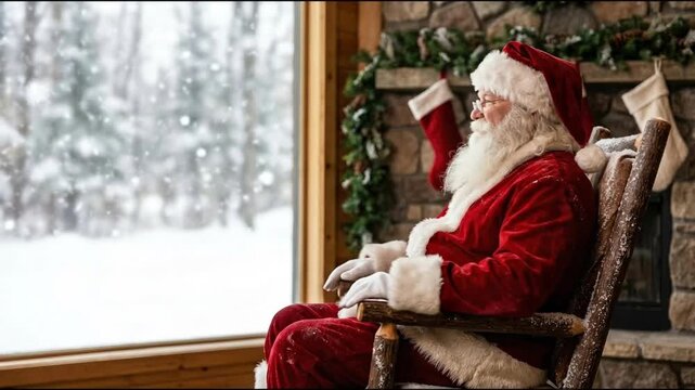 A benevolent, elderly figure, dressed in traditional red and white holiday attire with a long white beard and glasses, sits contemplatively in a rustic wooden rocking chair. He gazes out a large windo