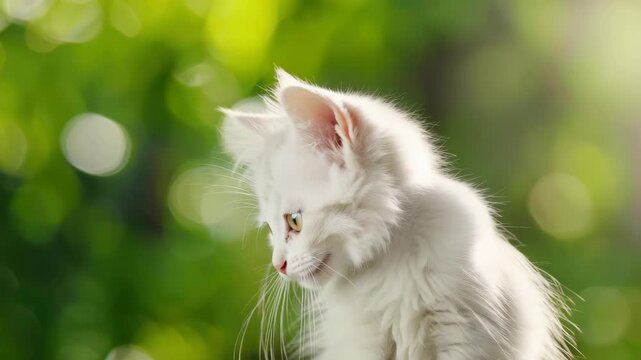 Fluffy White Kitten in Nature's Embrace: An adorable fluffy white kitten gazes intently, surrounded by soft green foliage, its eyes reflecting the warmth of the sun, radiating innocence and serenity.