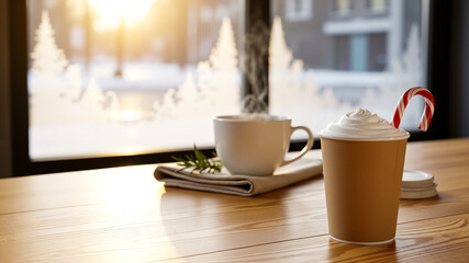 Warm coffee cups on wooden table with winter view outside