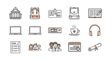 Educational essentials icons: school supplies, online learning, activities
