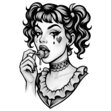 Harley Quinn vintage y2k halftone art, chaotic jester stipple brutalist retro vector png with transparent background, bold 2000s aesthetic photocopy effect tattoo