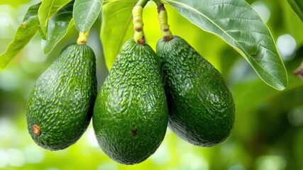 Avocados on a Branch: A close-up showcases vibrant green avocados hanging gracefully from a leafy branch, embodying the freshness and natural goodness of the fruit.