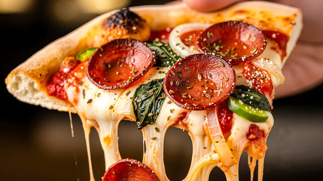 Delicious pepperoni pizza slice being pulled apart with melting cheese   - Powered by Adobe