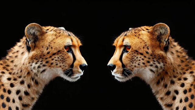 Cheetah Duo Portrait: A striking symmetrical composition of two cheetahs facing each other, their iconic spotted coats and intense gazes create a powerful visual impact.