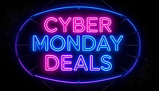 Cyber Monday deals neon sign for e-commerce banners. AI