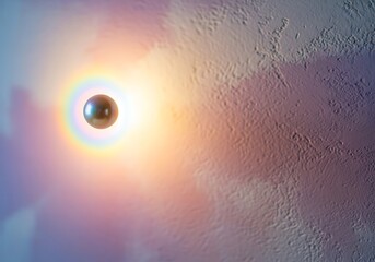 Luminous orb afloat a subtly textured surface, surrounded by soft light