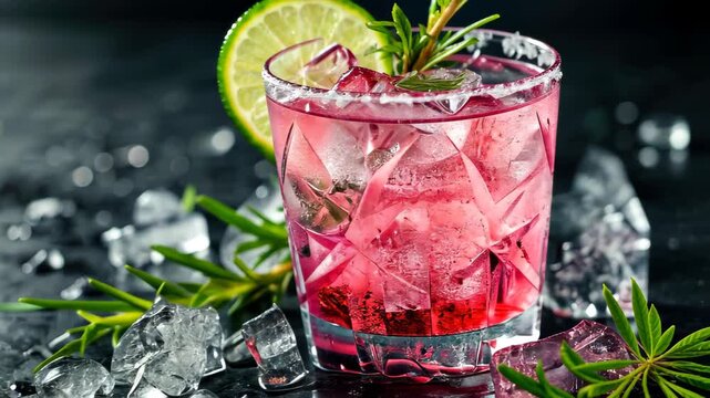 Refreshing cocktail with Lime and Herbs: A vibrant, artfully crafted cocktail, featuring a splash of bright cranberry juice, a sprig of aromatic rosemary, and a zesty lime wedge.