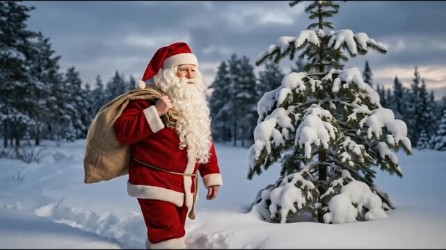A cheerful, benevolent figure, dressed in a traditional red and white winter suit, complete with a long white beard and hat, traverses a tranquil, snow-covered forest. This festive character carries a