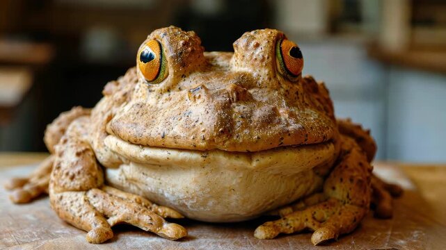 Bread Frog: A whimsical frog-shaped loaf of bread, its crusty exterior mimicking the texture of amphibian skin. Its baked form is a testament to culinary creativity.