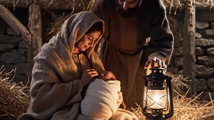 Mary and Joseph with Baby Jesus in a Manger, Nativity Scene. - Powered by Adobe