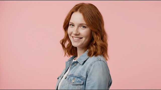 A cheerful young woman with vibrant red, wavy hair and a confident, genuine smile turns to look over her shoulder. She is wearing a casual denim jacket, creating a contemporary and relatable aesthetic