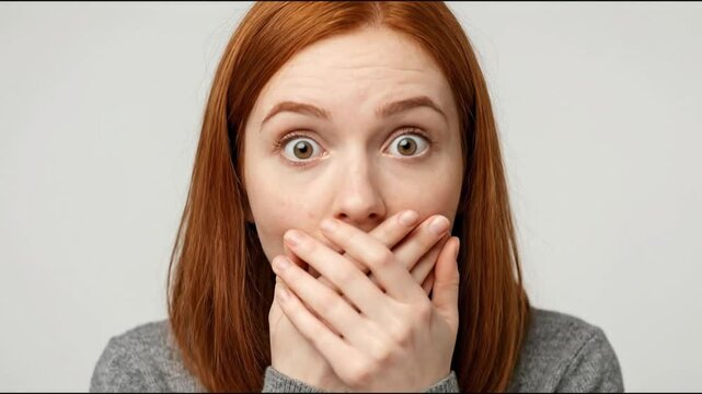 A close-up shot captures a young individual with vibrant red hair reacting with an intense expression of profound surprise or shock. Their eyes are wide with disbelief, conveying a sense of astonishme