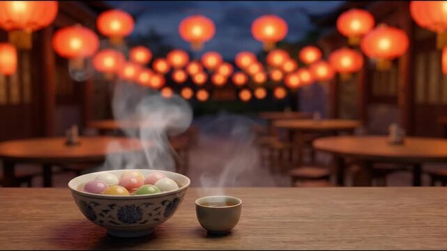 A close-up shot captures a rustic wooden table adorned with a beautifully decorated bowl of vibrant, colorful dumplings alongside a steaming cup of hot tea. Delicate wisps of steam rise gracefully fro