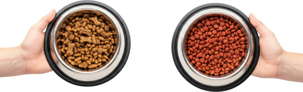 Two silver pet food bowls one filled with brown kibble and bone shapes the other with red kibble held by human hands dog food cat food dry food animal nutrition