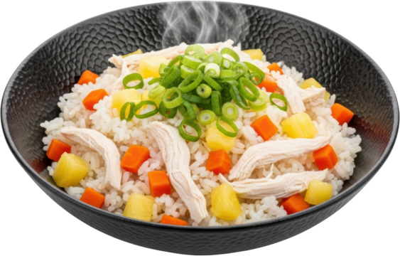 A black bowl filled with steamed white rice shredded chicken diced carrots pineapple chunks and chopped green onions with steam rising Food Asian Food