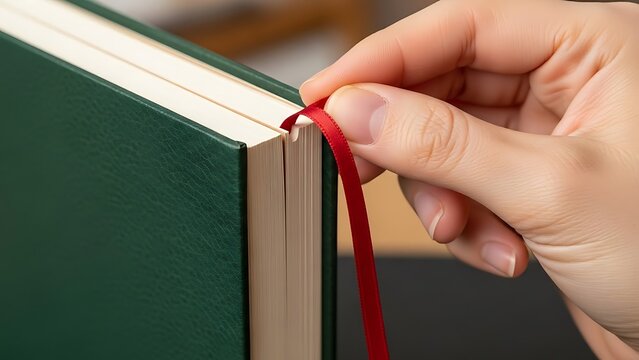 Elegant green bound book with red bookmark, person holding pages open