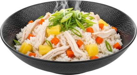 A steaming black bowl filled with fluffy white rice shredded chicken diced carrots and pineapple chunks garnished with fresh green onions food meal cuisine