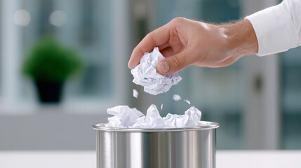 Hand of a business professional discarding crumpled paper into a metallic trash bin, symbolizing organization and productivity in a modern office environment with copy space