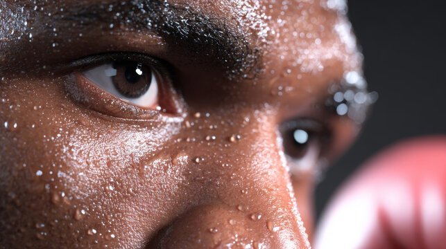 Close-up of an African American boxer with sweat glistening on his skin, focused expression, and red boxing gloves, capturing the intensity of the sport and the athlete's determination