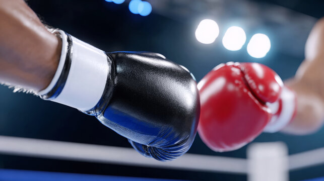 Close-up of two boxing gloves, one black and one red, colliding in a dynamic moment during a match, showcasing the intensity of the sport and the competitive spirit