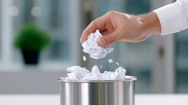 Hand of a business professional discarding crumpled paper into a metallic trash bin, symbolizing organization and productivity in a modern office environment with copy space
