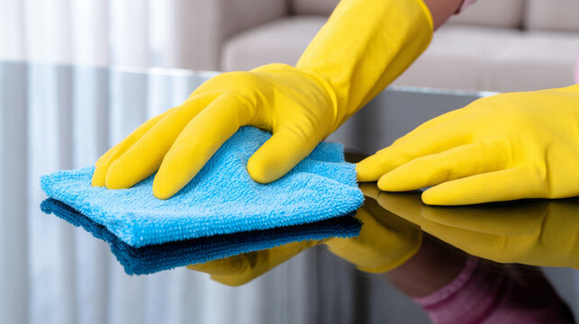 Person wearing yellow rubber gloves is cleaning a glass table with a blue microfiber cloth, showcasing effective cleaning techniques and maintaining a tidy living space