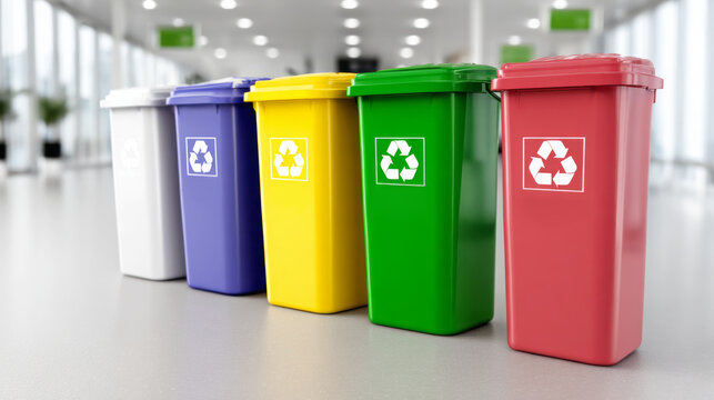 Colorful recycling bins in a modern office environment, showcasing waste separation with clear labels, promoting eco-friendly practices and sustainability in daily operations