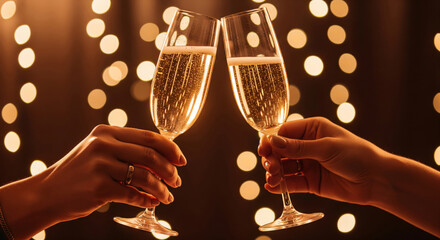 Close-up of two hands clinking champagne glasses in a toast