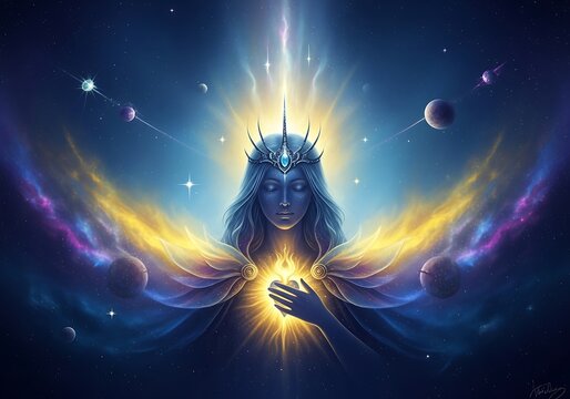 Ethereal Cosmic Goddess Crowned in Starlight, Emanating Celestial Energy and Nebula Wings.