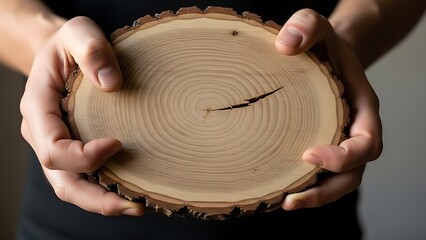 Person gently holding a wooden cross-section, emphasizing organic texture