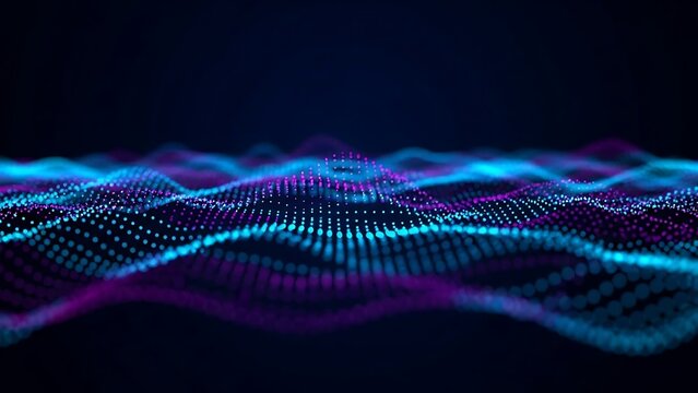 Abstract digital wave with blue and purple glowing particles on dark background.