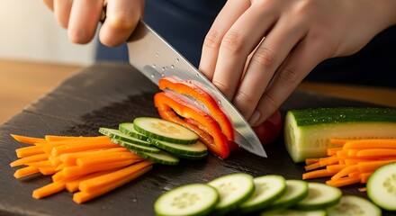 Slicing vibrant bell pepper for a fresh vegetable platter preparation
