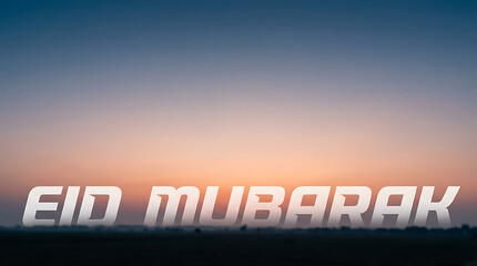 Eid Mubarak greeting against a serene sunset sky.