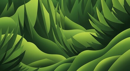Stylized Green Landscape with Sharp Floral Elements and Gradient Shading