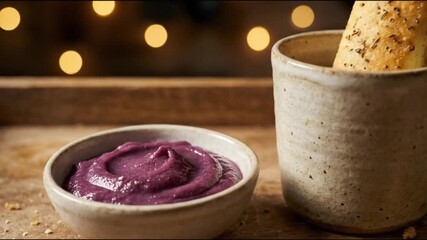 A delectable close-up shot captures a vibrant, creamy purple dip elegantly presented in a rustic ceramic bowl, alongside a perfectly seasoned breadstick nestled within a matching textured mug. The war