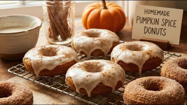 A delectable assortment of freshly baked, ring-shaped pastries rests on a wire cooling rack, bathed in warm, inviting light from a nearby window. Several of the sweet treats are generously covered wit