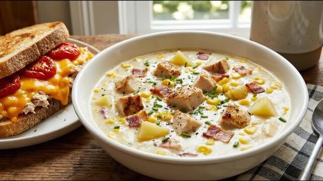 A delicious and comforting homemade meal is artfully presented on a rustic wooden table, bathed in soft, natural light. The spread features a creamy, rich chowder brimming with tender chicken, golden 