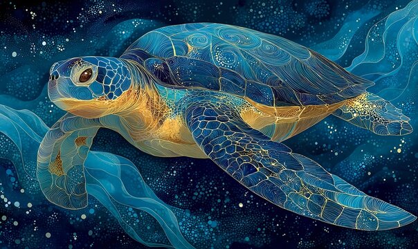 Cosmic harmony captured in the glowing shell of a turtle amid drifting galactic streams