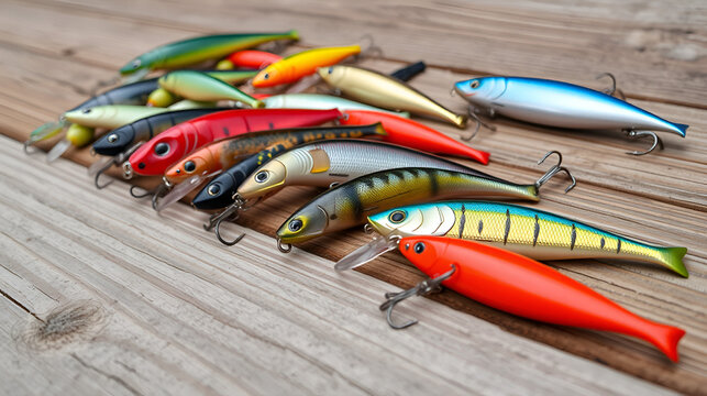 Assorted fishing lures on a wooden surface (1)