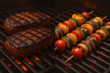 Grilled steak and colorful vegetable skewers showcasing culinary excellence and flavor diversity in a vibrant barbecue setting captured with clarity