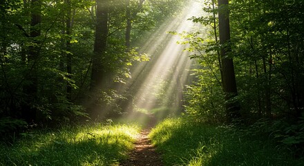 Obraz premium Sunlight streaming through forest trees creating atmospheric light