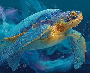 Fototapeta premium Tranquil guardian of the sea drifting across the stardust realm in soft blue light