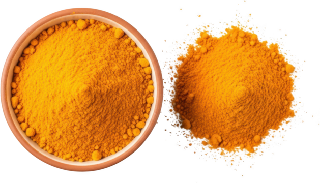 Close Up Overhead View Of Bright Yellow Turmeric Powder In A Light Brown Ceramic Bowl Next To A Pile Of Powder On A Transparent Background Spice Ingredient Food