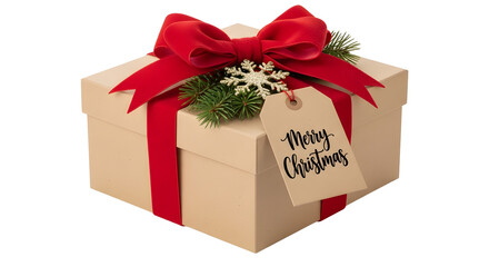 Christmas gift box with red ribbon and merry christmas tag on transparent background