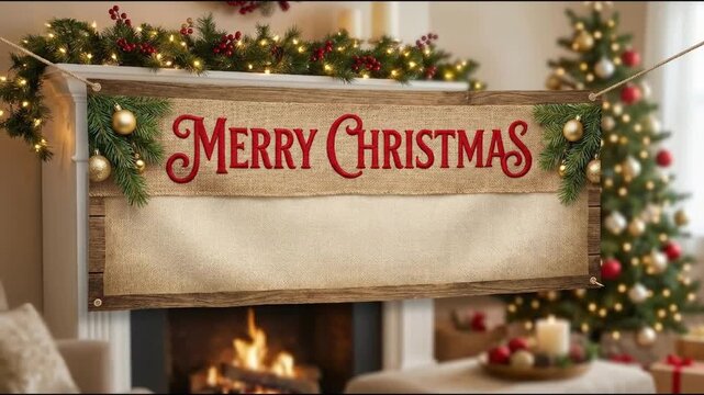 A festive, rustic banner displaying "Merry Christmas" in elegant red script is prominently featured, set against a warm and inviting domestic backdrop. The burlap banner, framed with natural wood, han