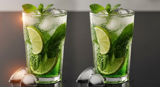 Two refreshing mojito cocktails with lime and mint on a dark background.