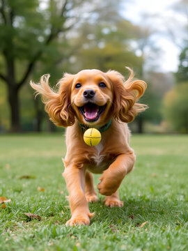 "A cheerful Cocker Spaniel fetching a  in the park, with its wavy ears bouncing."