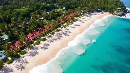 Aerial drone view of a stunning tropical beach with turquoise ocean.